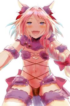1boy animal_ears astolfo_(fate) blush braid bulge cosplay crossdressing crossdressing_(mtf) elbow_gloves fangs fate/apocrypha fate/grand_order fate_(series) fur_trim gloves halloween_costume looking_at_viewer male_focus mash_kyrielight mash_kyrielight_(dangerous_beast) mash_kyrielight_(dangerous_beast)_(cosplay) official_alternate_costume open_mouth p_answer pink_hair purple_eyes single_braid solo tail thighhighs trap wolf_ears wolf_tail