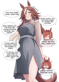 00017s 3girls absurdres aged_up anger_vein animal_ears black_dress blush breasts brown_eyes brown_hair closed_eyes commentary daiwa_scarlet_(umamusume) dress english_commentary english_text hair_intakes hair_over_one_eye highres horse_ears horse_girl horse_tail long_hair long_sleeves medium_breasts multicolored_hair multiple_girls open_mouth puff_of_air see-through_clothes see-through_sleeves smile speech_bubble tail umamusume very_long_hair vodka_(umamusume) white_hair