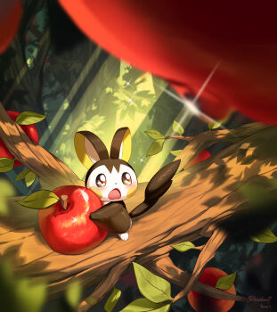 :o absurdres apple commentary_request day emolga food forest fruit gen_5_pokemon highres hoishere7 holding holding_food holding_fruit light_rays looking_up nature nintendo no_humans on_branch open_mouth outdoors pokemon pokemon_(creature) pokemon_focus solo sparkle tree