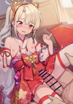 1boy 1girl animal_ears bare_shoulders blush breasts cat_ears censored coffeekite fake_animal_ears fate/grand_order fate_(series) hetero highres illyasviel_von_einzbern_(in_shumura_miko) japanese_clothes kimono loli long_hair nipples nontraditional_miko penis red_eyes skirt sleeveless sleeveless_kimono small_breasts white_hair white_kimono