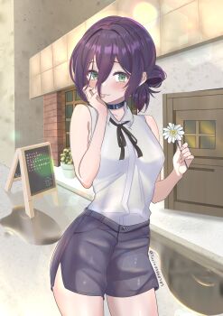 1girl absurdres black_choker black_ribbon black_shorts cafe chainsaw_man choker collared_shirt day flower green_eyes hair_between_eyes hair_bun hand_on_own_face highres holding holding_flower looking_at_viewer menu_board neck_ribbon outdoors purple_hair reze_(chainsaw_man) ribbon shirt shirt_tucked_in short_shorts shorts sleeveless sleeveless_shirt solo storefront white_flower white_shirt window zyor741
