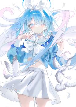 1girl alternate_hair_length alternate_hairstyle arona_(blue_archive) bird blue_archive blue_halo blue_shirt bow_hairband braid choker colored_inner_hair cowboy_shot dove hair_over_one_eye hairband halo highres long_hair looking_at_viewer marant38 multicolored_hair neckerchief sailor_collar shirt single_braid skirt solo white_background white_bird white_choker white_hairband white_neckerchief white_sailor_collar white_skirt