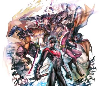 4boys bat_(animal) batman_(series) belt bodysuit boots broken_mask brothers cape damian_wayne dc_comics dick_grayson domino_mask dual_wielding escrima_stick eye_mask family gauntlets gun holding hood jacket jason_todd jika-tabi katana legacy male_focus mask multicolored_hair multiple_boys nightwing park_sj pole red_hood_(dc) robin_(dc) siblings split-toe_footwear staff sword tim_drake two-tone_hair unworn_headwear weapon