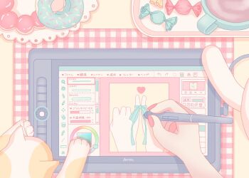 1girl artisul cat commentary company_name cup donut drawing_tablet finger_ribbon food green_ribbon guest_art heart highres holding holding_stylus nail_polish nekomaru0817 original pastel_colors plate pov pov_hands red_background red_nails ribbon stylus sweets table user_interface yellow_background