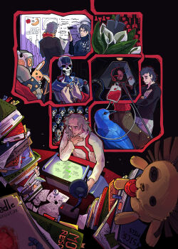 absurdres aged_up apple armor artificial_eye banana bird black_background black_shirt blood blood_bag blue_sweater bluebird book book_stack bookmark brown_skirt cable collared_shirt commentary dart desk desk_lamp diana_(kyokugen_dasshutsu) dice dragonymango english_commentary english_text fetus flower food from_behind fruit gaulem_(kyokugen_dasshutsu) grey_hair hand_on_another's_chest highres holding holding_marker holding_pen holding_stuffed_toy ink ink_stain inkwell k_(kyokugen_dasshutsu) kyokugen_dasshutsu kyokugen_dasshutsu_adv:_zennin_shibou_desu lamp long_hair long_sleeves luna_(kyokugen_dasshutsu) marker mechanical_eye kurashiki_akane old old_man old_woman pants paper pen red_sweater robot shirt short_hair shovel sigma_(kyokugen_dasshutsu) skirt spoilers standing stuffed_animal stuffed_lion stuffed_rabbit stuffed_toy sweater turtleneck turtleneck_sweater upper_body white_flower white_pants white_shirt whiteboard wire writing zero_escape:_toki_no_dilemma