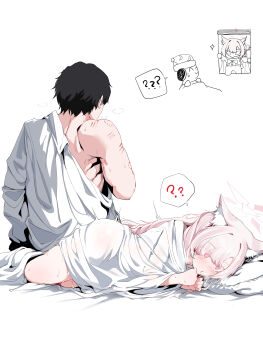 1boy 1girl ? ?? absurdres aftersex akira_(blue_archive) animal_ear_fluff animal_ears bite_mark blue_archive blush breath cat_ears confused covering_privates cum cumdrip doodle_sensei_(blue_archive) eye_mask halo hat heavy_breathing hetero highres implied_after_sex instant_loss long_hair lying mask nose_blush nude_cover pink_hair plentyofempty red_eyes scratches sensei_(blue_archive) sweat trembling white_background