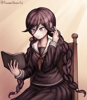 Rule 34 | 1girl, absurdres, book, braid, closed mouth, collarbone, collared shirt, commentary, commission, danganronpa: trigger happy havoc, danganronpa (series), english commentary, eyelashes, fukawa toko, glasses, hair between eyes, hand in own hair, highres, holding, holding book, komatsuzaki rui (style), long hair, long sleeves, mole, mole under mouth, neckerchief, official style, open book, parody, purple eyes, purple hair, purple serafuku, purple shirt, purple skirt, randomnoisesart, red neckerchief, round eyewear, sailor collar, school uniform, serafuku, shirt, sitting, skirt, skirt set, solo, style parody, textless version, twin braids, twintails, twitter username, white sailor collar