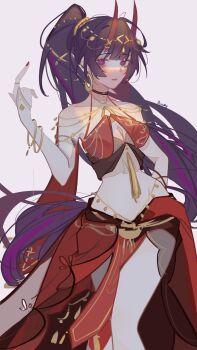 1girl alternate_costume arabian_clothes artist_name black_choker blunt_bangs bra bracelet breasts chinese_commentary choker cleavage collarbone commentary_request dancer dancing earrings high_ponytail highres honkai_(series) honkai_impact_3rd horns huashijie_(medium) iceliebediced index_finger_raised jewelry long_hair long_horns looking_at_viewer medium_breasts mouth_veil navel necklace open_mouth ponytail portrait purple_eyes purple_hair raiden_mei raiden_mei_(herrscher_of_thunder) red_horns red_nails see-through_clothes side_slit skirt solo stomach underwear veil