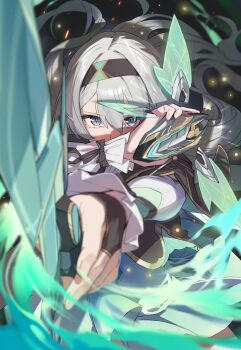 1girl arm_across_neck black_gloves commentary_request embers firefly_(honkai:_star_rail) floating_hair gloves grey_hair hairband half_gloves highres holding holding_sword holding_weapon honkai:_star_rail honkai_(series) lempika multicolored_hairband pointing_melee_weapon pointing_sword solo sword weapon white_sleeves wind