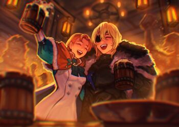 1boy 1girl alcohol annette_fantine_dominic annette_fantine_dominic_(timeskip) armor beer beer_mug black_armor blonde_hair cape closed_eyes commentary commission cup dimitri_alexandre_blaiddyd dimitri_alexandre_blaiddyd_(timeskip) english_commentary eyepatch fire_emblem fire_emblem:_three_houses fur_trim highres holding holding_cup indoors long_hair mug nintendo one_eye_covered open_mouth orange_hair sethkiel smile teeth upper_teeth_only