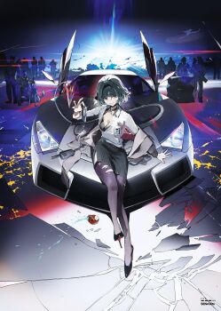 Rule 34 | 1girl, absurdres, animal ears, apple, black bra, black choker, black hair, black shoes, black skirt, blue eyes, bra, car, choker, commentary, cuffs, english commentary, food, fruit, full body, grin, hand on car, handcuffs, high heels, highres, holding, holding handcuffs, holding weapon, jacket, jane doe (zenless zone zero), k9 (dog), lamborghini, long sleeves, looking at viewer, making-of available, motor vehicle, mouse ears, mouse girl, mouse tail, nail polish, on car, open clothes, open shirt, people, police, purple thighhighs, red nails, sena 8ito, sharp tail, shirt, shirt tucked in, shoes, short hair, sitting, skirt, smile, solo, solo focus, tail, thighhighs, torn clothes, torn thighhighs, underwear, unworn jacket, weapon, white shirt, wide shot, zenless zone zero