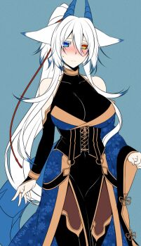 Rule 34 | 1girl, animal ears, bare shoulders, blue background, blue eyes, blush, bodysuit, breasts, dragon horns, dragon tail, embarrassed, female focus, fox ears, heterochromia, horns, konshin, large breasts, long hair, looking to the side, orange eyes, orie hakua, pixiv fantasia, pixiv fantasia new world, simple background, solo, tail, very long hair, white hair