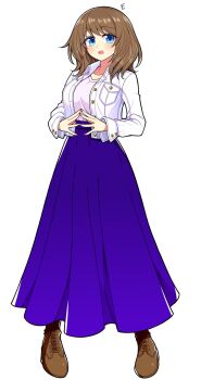 1girl blue_eyes boots breasts brown_boots brown_hair commentary full_body highres jacket kanemitsu411 large_breasts looking_at_viewer medium_hair original pink_shirt shirt simple_background solo standing steepled_fingers white_background white_jacket