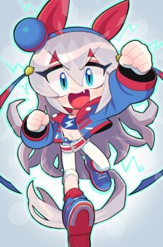 1girl animal_ears belt blue_eyes blue_jacket blush clenched_hand commentary fang fingerless_gloves gashi-gashi gloves hairband highres horse_ears horse_girl jacket lightning_bolt_print long_hair looking_at_viewer midriff navel open_clothes open_jacket open_mouth simple_background solo symbol-only_commentary tamamo_cross_(umamusume) tamamo_cross_(with_lightning_speed)_(umamusume) umamusume