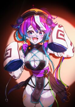 1girl :d absurdres bandaid bandaid_on_face bandaid_on_nose blue_eyes blue_hair blush braid braided_hair_rings breasts cleavage colored_skin commentary commission cowboy_shot detached_sleeves english_commentary fang flower gradient_hair grey_skin groin hair_between_eyes hair_flower hair_ornament hair_rings hands_up hat highres indie_virtual_youtuber jiangshi_costume kghazir looking_at_viewer medium_breasts melody_(projektmelody) melody_(projektmelody)_(jiangshi) multicolored_hair official_alternate_costume ofuda ofuda_on_head open_mouth pelvic_curtain purple_hair purple_sash red_hair sash skeb_commission sleeves_past_fingers sleeves_past_wrists smile solo stitched_face stitches streaked_hair tongue virtual_youtuber wide_sleeves