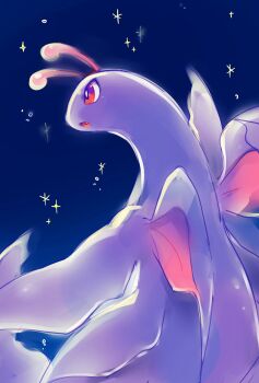 animal_focus antennae blue_background bright_pupils character_request check_character choko_(sweetpocket) commentary_request dinosaur from_side gen_2_pokemon highres meganium nintendo no_humans open_mouth pokemon pokemon_(creature) pokemon_focus red_eyes simple_background solo star_(sky) upper_body white_pupils