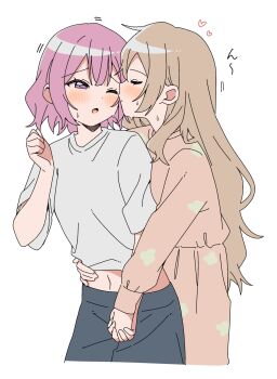 Rule 34 | 2girls, amaori renako, black pants, blush, brown hair, closed eyes, commentary, dress, hand on another's waist, haru (konomi 150), heart, highres, holding hands, interlocked fingers, long hair, medium hair, multiple girls, one eye closed, pants, pink dress, pink hair, purple eyes, sena ajisai, shirt, simple background, sweat, watashi ga koibito ni nareru wake naijan murimuri!, white background, white shirt, yuri