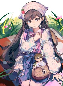 1girl absurdres aegyo_sal arm_support bag basket black_eyes black_hair blue_hakama buttons character_doll chinese_commentary closed_mouth collared_shirt commentary_request doll double-parted_bangs flower from_above full_body fur_jacket grass hair_behind_ear hair_between_eyes hakama hakama_shorts hand_up headscarf hero_(faraway)_(omori) hero_(omori) highres jacket jacket_partially_removed japanese_clothes lily_of_the_valley long_hair long_sleeves looking_at_viewer mari_(birthday)_(omori) mari_(faraway)_(omori) mari_(omori) neck_ribbon official_alternate_costume omori open_clothes open_jacket pantyhose picnic_blanket pink_flower pink_pantyhose pink_ribbon pink_shirt puffy_long_sleeves puffy_sleeves ribbon seiza shirt shirt_tucked_in shorts shoulder_bag simple_background sitting smile solo swept_bangs very_long_hair white_background white_flower white_headscarf white_jacket zaizong15669