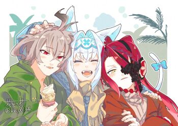 1boy 2girls animal_ears bow cat_ears cat_tail coat commentary_request contemporary crossed_arms dobrynya_nikitich_(fate) earmuffs fate/grand_order fate_(series) food food_on_face green_coat grey_hair hair_over_one_eye hairband ice_cream_cone multiple_girls okome_(k_marin330) red_coat red_eyes red_hair ribbed_sweater scarf sieg_(fate) sweater tail tail_bow tail_ornament typhon_ephemeros_(fate) white_hair winter_clothes yellow_eyes yellow_scarf