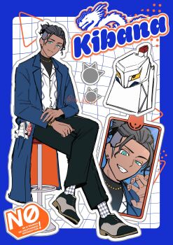 1boy absurdres alternate_costume aqua_eyes argyle_clothes argyle_socks bead_necklace beads black_hair black_pants black_shirt blue_coat character_name charm_(object) closed_mouth coat commentary crossed_legs duraludon earrings gen_8_pokemon highres jewelry male_focus multiple_views necklace nintendo open_clothes open_coat pants phone pokemon pokemon_swsh raihan_(pokemon) rotom rotom_phone shiba_(tonari_no_shiba_inu) shirt shoes short_hair sitting smile socks stool symbol-only_commentary undercut watermark