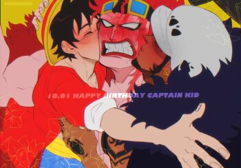 3boys annoyed black_hair blue_shorts blush boy_sandwich cape cheek_kiss coat dark-skinned_male dark_skin double_cheek_kiss earrings eustass_kid facial_hair facial_scar feather_coat finger_tattoo fur_cape fur_coat goatee goggles goggles_on_head hand_tattoo hat highres jewelry kiss kissing_cheek long_sideburns long_sleeves male_focus monkey_d._luffy multiple_boys muscular muscular_male one_piece open_clothes open_shirt panther_print percivore red_shirt sandwiched sash scar scar_on_cheek scar_on_face shirt short_hair shorts sideburns simple_background straw_hat tattoo trafalgar_law upper_body yellow_sash