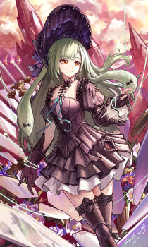 1girl absurdres animal_ears arknights asymmetrical_sleeves bang_dream! bang_dream!_it&#039;s_mygo!!!!! black_bonnet black_dress black_gloves black_thighhighs bonnet castle chinese_commentary commentary_request doll_joints dress feet_out_of_frame floppy_ears flower glass_shards gloves gothic_lolita green_hair hair_ornament highres joints layered_dress lolita_fashion long_hair long_sleeves neck_ribbon outdoors parted_lips puppet_strings purple_flower rabbit_ears rabbit_girl ribbon sidelocks sky solo standing thighhighs wakaba_mutsumi wakaba_mutsumi_(marionette&#039;s_id) x_hair_ornament yellow_eyes yitai_zhi_meng