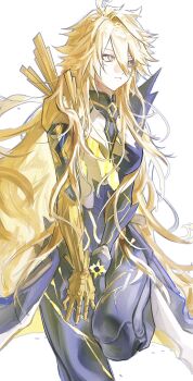 Rule 34 | 1girl, alternate form, antenna hair, blonde hair, body markings, choker, coattails, commentary request, cracked skin, expressionless, gauntlets, genderswap, genderswap (mtf), glowing, hair between eyes, hands on own thighs, highres, honkai: star rail, honkai (series), knees together feet apart, long hair, looking ahead, material growth, phainon (honkai: star rail), phainon (khaslana) (honkai: star rail), sansan0684305, simple background, tailcoat, very long hair, yellow eyes