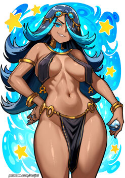 1girl ancient_egyptian ancient_egyptian_clothes armlet black_hair blue_eyes blue_hair bracelet breast_curtains breasts commentary covered_erect_nipples dark-skinned_female dark_skin english_commentary hair_over_one_eye highres holding holding_poke_ball jewelry long_hair looking_at_viewer medium_breasts multicolored_hair navel nintendo patreon_username pelvic_curtain poke_ball pokemon pokemon_oras redjet shelly_(pokemon) smile solo standing star_(symbol) stomach thighs two-tone_hair