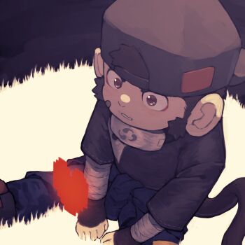 1boy backwards_hat bandaid bandaid_on_face baseball_cap batten_xxxx furry furry_male hashtag-only_commentary hat heart hino_arashi_(vtuber) indie_virtual_youtuber long_sideburns male_focus monkey_boy parted_lips pixel_heart sideburns sitting solo virtual_youtuber