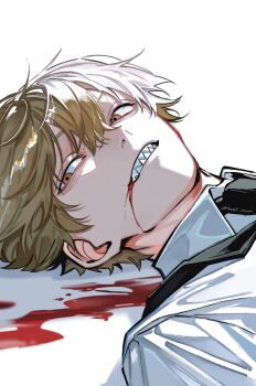 1boy absurdres black_necktie blonde_hair blood blood_from_mouth brown_eyes chainsaw_man collared_shirt denji_(chainsaw_man) hair_between_eyes highres hrak_mumi invisible_floor lying male_focus necktie on_back sharp_teeth shirt short_hair simple_background solo teeth white_background white_shirt