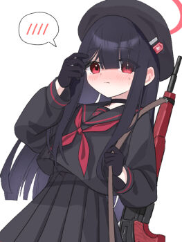 1girl ? black_choker black_gloves black_hair black_hat black_serafuku blue_archive blush choker commentary gloves gun_sling halo hat justice_task_force_member_(blue_archive) long_hair long_sleeves looking_at_viewer neckerchief pleated_skirt red_eyes red_halo red_neckerchief school_uniform serafuku simple_background skirt solo spoken_question_mark straight_hair tobimatsu_mutsutarou very_long_hair weapon white_background