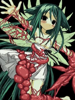 1girl black_background black_eyes convenient_censoring dress empty_eyes flat_chest flesh green_hair guro hair_flaps highres long_hair looking_at_viewer mutation nipples outstretched_arms saya_(saya_no_uta) saya_no_uta solo spread_arms sundress sushi_ayu very_long_hair white_dress wings