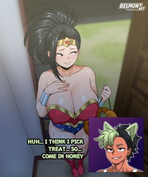 1girl absurdres artist_name bare_shoulders belmont_art black_eyes black_hair boku_no_hero_academia boots bracelet breasts cleavage cosplay covered_erect_nipples curvy dc_comics embarrassed english_text halloween halloween_bucket halloween_costume hand_on_own_chest highleg highleg_leotard highres jack-o'-lantern jewelry large_breasts leotard looking_at_viewer matching_hair/eyes oc_x_canon red_boots smile standing strapless strapless_leotard superhero_costume thick_thighs thighs trick_or_treat wonder_woman wonder_woman_(cosplay) yaoyorozu_momo