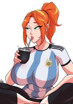 1girl 2022 2022_fifa_world_cup :>= argentina argentinian_flag argentinian_flag_print bouncing_breasts breasts cheering clenched_hands confetti crossed_legs drinking flag_print green_eyes highres huge_breasts lips long_hair looking_to_the_side mate multicolored_hair orange_hair original pavard shirt simple_background sitting soccer_uniform solo sportswear striped_clothes striped_shirt two-tone_shirt vertical-striped_clothes vertical-striped_shirt white_background white_hair wide_hips world_cup