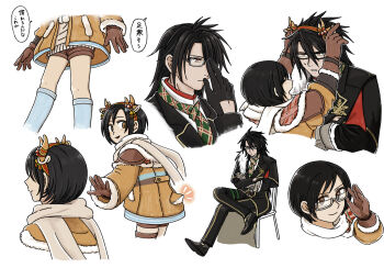 1boy 1girl antlers armor black_hair black_jacket black_pants brooch brown_coat brown_eyes brown_gloves brown_shorts clawed_gauntlets coat crossed_arms crossed_legs final_fantasy final_fantasy_vii final_fantasy_vii_ever_crisis formal_clothes fur-trimmed_coat fur_trim glasses gloves gold_trim highres horns jacket jewelry knit_sweater leather_armor long_hair multiple_views official_alternate_costume pants red_eyes reindeer_antlers s_m_man scarf short_hair shorts single_shoulder_pad sitting snowflake_brooch socks sweatdrop vincent_valentine vincent_valentine_(holiday_formal_wear) white_background white_scarf white_socks yuffie_kisaragi yuffie_kisaragi_(holiday_cheer_reindeer)