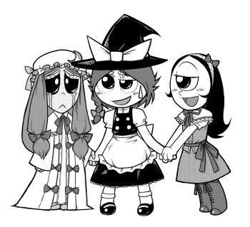 3girls alice_margatroid alice_margatroid_(cosplay) cosplay crossover cyclops greyscale hat iris_(ruby_gloom) kirisame_marisa kirisame_marisa_(cosplay) leex long_hair misery_(ruby_gloom) monochrome multiple_girls one-eyed parody patchouli_knowledge patchouli_knowledge_(cosplay) ruby_gloom ruby_gloom_(character) style_parody touhou witch_hat