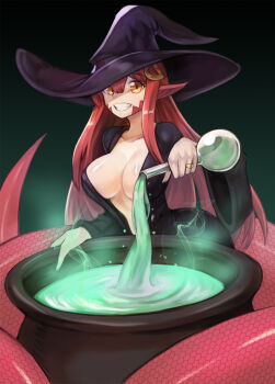1girl animal_ears black_dress black_hat breasts cauldron cleavage commission dress female_focus gradient_background green_background grin hair_between_eyes hair_ornament halloween_costume hat highres holding jewelry lamia large_breasts long_hair looking_at_viewer miia_(monster_musume) monster_girl monster_musume_no_iru_nichijou open_clothes open_dress pointy_ears potion red_eyes red_hair ring scales smile solo sookmo vial wedding_band witch witch_hat yellow_eyes