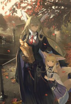 2girls absurdres animal_ears arknights autumn autumn_leaves bag baguette bench black_coat black_skirt black_vest blonde_hair blue_hairband braid braided_hair_rings bread brown_gloves closed_mouth coat coat_on_shoulders collared_shirt commentary_request day facial_scar falling_leaves feet_out_of_frame fence food frills gloves green_eyes groceries hair_between_eyes hair_rings hairband highres holding infection_monitor_(arknights) iron_fence lamppost leaf leaf_on_head long_hair long_skirt long_sleeves looking_at_another mother_and_daughter multiple_girls multiple_tails necktie orange_eyes outdoors paper_bag park park_bench plant pleated_skirt purple_coat purple_skirt red_necktie scar scar_on_cheek scar_on_face shirt short_hair skirt smile standing suzuran_(arknights) tail tassel tree two-sided_coat two-sided_fabric vest vulpisfoglia_(arknights) walking wanlan white_shirt wind
