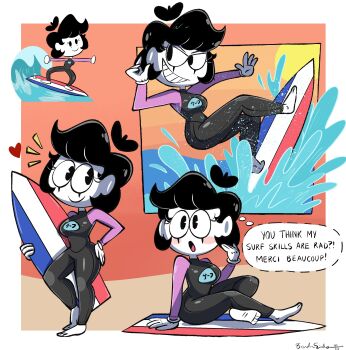 Rule 34 | 1girl, absurdres, beret, black hair, closed mouth, commentary, english commentary, hat, highres, holding, holding surfboard, imrachets, mime, multiple views, mute, mute the mime (imrachets), open mouth, original, pac-man eyes, solo, speech bubble, surfboard, surfing, thought bubble, toon (style)