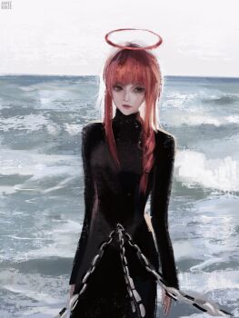 Rule 34 | 1girl, anirrie, artist name, black dress, brown hair, chainsaw man, commentary, dress, halo, hashtag-only commentary, highres, long hair, long sleeves, looking to the side, makima (chainsaw man), ocean, sidelocks, signature, solo, turtleneck, turtleneck dress