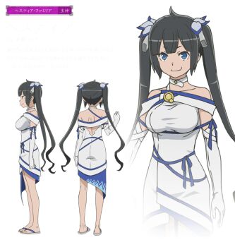 1girl alternate_costume ass black_hair blue_eyes breasts detached_sleeves dungeon dungeon_ni_deai_wo_motomeru_no_wa_machigatteiru_darou_ka feet full_body hestia_(danmachi) j.c._staff large_breasts long_hair model_sheet multiple_views official_alternate_costume official_art sandals smile transparent_background turnaround twintails