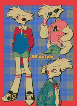 1boy :d absurdres adjusting_clothes alternate_costume angel_dust arms_behind_back black_choker black_sclera black_shoes blue_background blue_jacket blue_pants blue_shirt blue_shorts border choker chromatic_aberration closed_mouth collared_shirt colored_sclera commentary_request contrast_collar cropped_legs denim denim_jacket denim_shorts double_horizontal_stripe extra_arms eyeshadow facial_mark fang fewer_digits film_grain full_body furry furry_male grey_background grin hand_on_own_hip hands_in_pockets hazbin_hotel headphones heart hellaverse highres jacket jeans juliet_sleeves kneehighs letterman_jacket long_sleeves looking_at_viewer looking_to_the_side makeup male_focus menma_(enaic31) mismatched_sclera multicolored_jacket multiple_views open_clothes open_jacket open_mouth outside_border oversized_clothes oversized_shirt pants pink_eyes pink_eyeshadow pink_jacket plaid_background puffy_sleeves raglan_sleeves red_border red_shirt sharp_teeth shirt shoelaces shoes short_shorts shorts signature simple_background smile socks standing sunglasses teeth twitter_username two-tone_background two-tone_jacket two-tone_shirt upper_body watermark white_fur white_jacket white_shirt white_socks