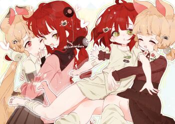 aged_down alice_thymefield animal_ears blonde_hair blush braid braided_twintails breasts cardigan child green_eyes hair_ornament hearing_aid highres long_hair looking_at_viewer low_twin_braids multiple_girls open_mouth pink_cardigan rabbit_ears rabbit_girl red_hair siomimi smile sphere_hair_ornament twin_braids twintails ukinami_yuzuha zenless_zone_zero