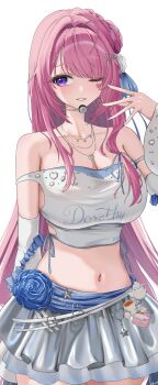 1girl absurdres bare_shoulders blush braid breasts cleavage collarbone commentary_request detached_sleeves dorothy_(luna_light)_(nikke) dorothy_(nikke) facial_mark flower goddess_of_victory:_nikke hair_bun hair_flower hair_ornament half_crown_braid headset heart heart_facial_mark heart_pendant highres jewelry large_breasts long_hair looking_at_viewer midriff navel necklace official_alternate_costume one_eye_closed pink_hair purple_eyes ribbon shupita silver_skirt simple_background single_side_bun smile solo strapless tube_top very_long_hair white_background white_tube_top
