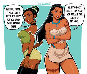 2girls adapted_costume arm_tattoo arms_under_breasts artist_name black_hair breasts brown_eyes commentary crop_top crossed_arms dark-skinned_female dark_skin earrings english_commentary english_text hoop_earrings jewelry large_breasts long_hair looking_at_viewer miniskirt multiple_girls panty_straps pixiqueenie pocahontas_(disney) pocahontas_(movie) skirt speech_bubble tattoo the_princess_and_the_frog_(disney) tiana_(the_princess_and_the_frog)