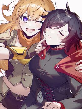 2girls :t ;d belt belt_buckle black_belt black_dress black_gloves black_hair black_shorts blonde_hair buckle cape closed_eyes dress fingerless_gloves gloves grey_jacket index_finger_raised jacket long_hair midriff multiple_girls navel one_eye_closed open_mouth orange_scarf purple_eyes red_cape ruby_rose rwby scarf short_shorts short_sleeves shorts siblings signature sisters smile stomach tsukasa_(ilqmplim) underbust yang_xiao_long