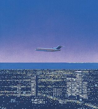 aircraft airplane building city city_lights cityscape commentary_request highres hiroshi_nagai horizon jpeg_artifacts night no_humans original outdoors sky skyscraper water