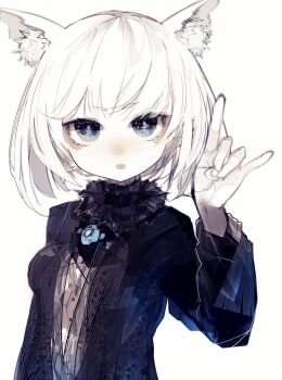 Rule 34 | 1girl, \n/, animal ears, black shirt, blue eyes, blunt bangs, cat ears, close-up, collared shirt, commentary request, dress, hand up, highres, jacket, jewelry, looking at viewer, open mouth, original, pale skin, portrait, riuichi, shirt, short hair, simple background, solo focus, straight hair, white background, white hair