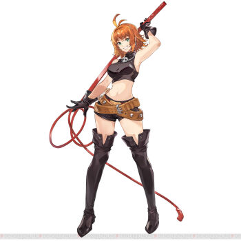 1girl antenna_hair aqua_eyes aqua_pupils artist_request bare_arms bare_shoulders belt belt_buckle belted_shorts black_boots black_gloves black_shirt black_shorts boots breasts brown_belt buckle colored_eyelashes company_name crop_top cropped_shirt crossed_belts dengeki dengeki_online earrings english_text facing_viewer full_body gloves gold_buckle hair_between_eyes hair_intakes highres holding holding_behind_back holding_weapon_behind_back holding_whip jewelry legs_apart looking_at_viewer medium_breasts medium_hair midriff mila_nebraska multiple_belts narrow_waist navel necklace nexon official_art open_hand orange_hair red_belt second-party_source shirt short_shorts shorts simple_background skinny skull_belt skull_earrings skull_necklace sleeveless sleeveless_shirt solo standing straight_hair studded_belt tales_weaver teeth thigh_boots tsurime turtleneck turtleneck_shirt upper_teeth_only watermark white_background