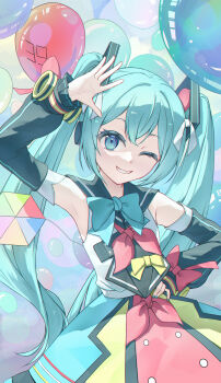 1girl 39 absurdres aqua_bow aqua_eyes aqua_hair aqua_nails arm_up armpits balloon black_sailor_collar bow detached_sleeves hair_ribbon hand_on_own_hip hatsune_miku highres long_sleeves looking_at_viewer magical_mirai_(vocaloid) magical_mirai_miku magical_mirai_miku_(2018) moboireach official_alternate_costume official_alternate_hairstyle one_eye_closed pink_bow ribbon sailor_collar shirt sleeveless sleeveless_shirt smile solo vocaloid white_ribbon yellow_bow
